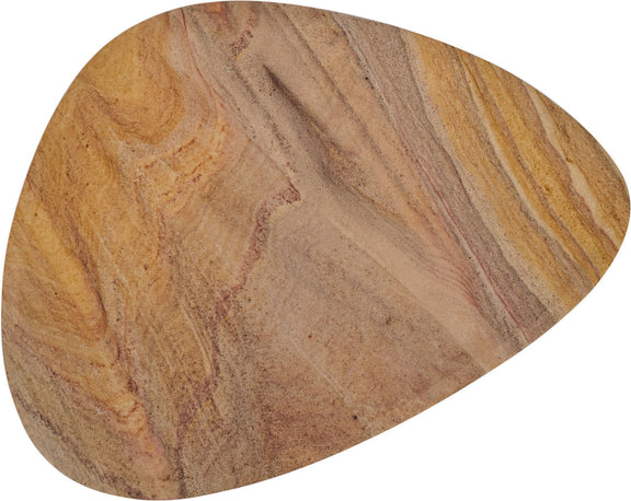 Close-up of oval sandstone bowl with swirled tan, gold, and brown stone grain.