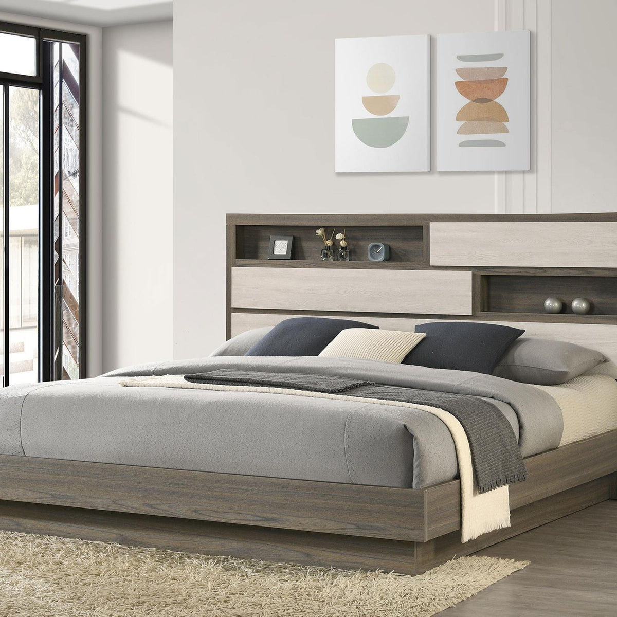 Fenwick Eastern King Bed Bookcase Headboard Grey Oak