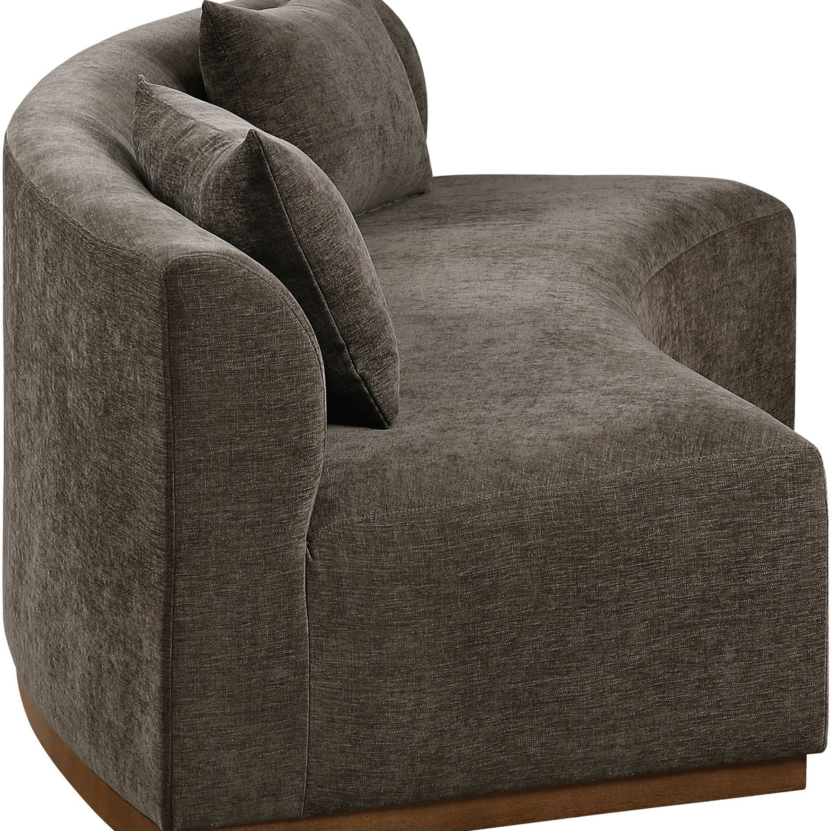 Dark gray chenille upholstered sofa section with two back cushions and rounded arms