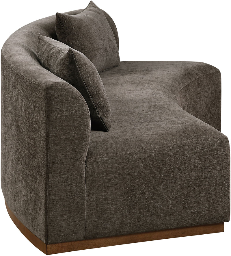 Dark gray chenille upholstered sofa section with two back cushions and rounded arms