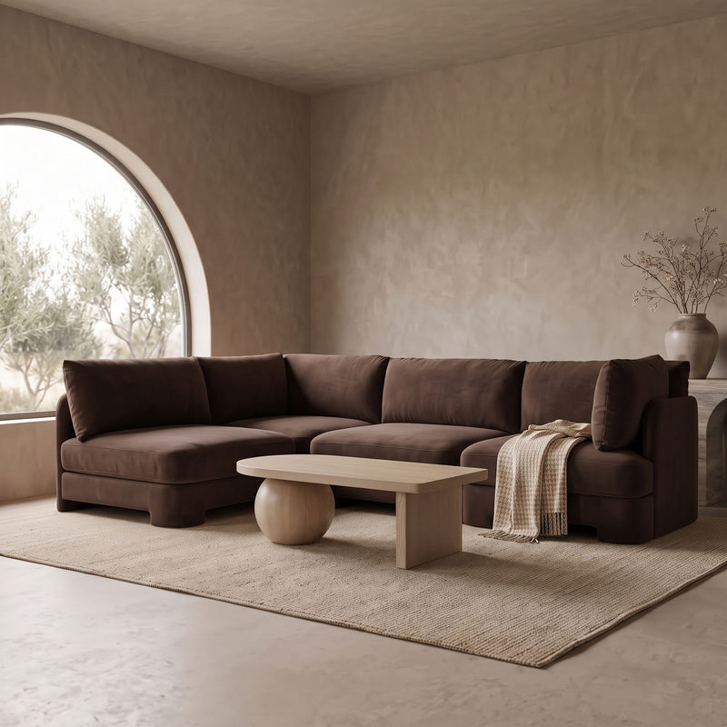 Dark brown velvet performance armless sectional sofa with tufted back cushions