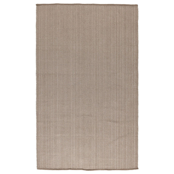 Sand indoor/outdoor rug with tight flat weave and straight bound edges.