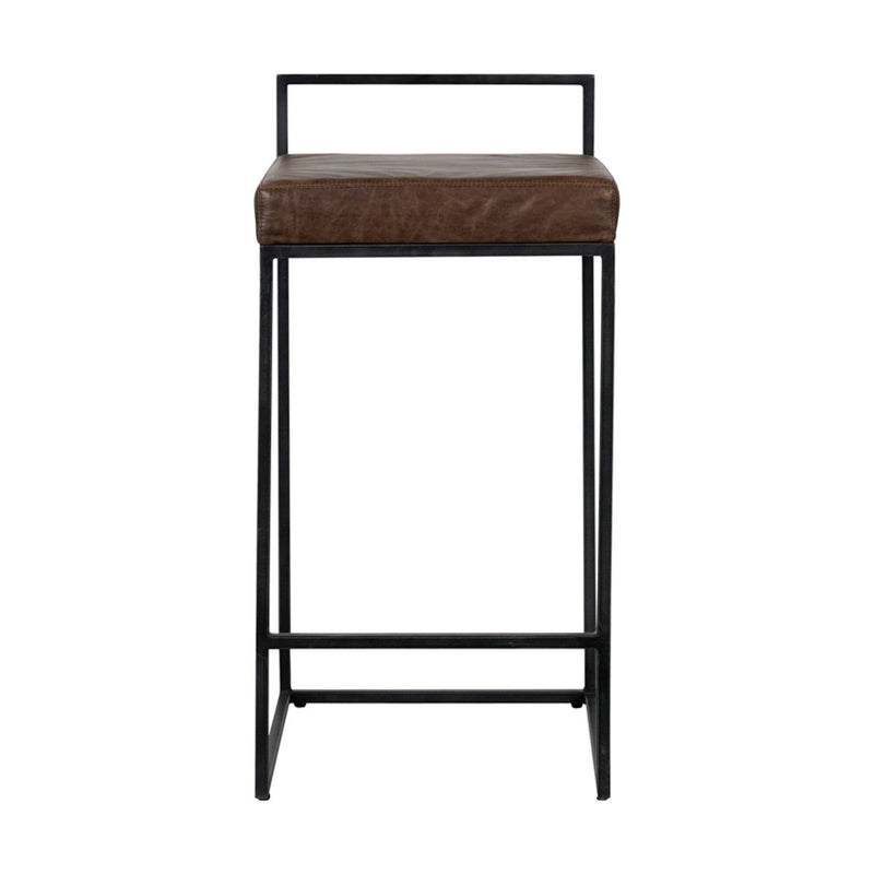 Black counter stool with dark brown upholstered seat and sturdy metal frame