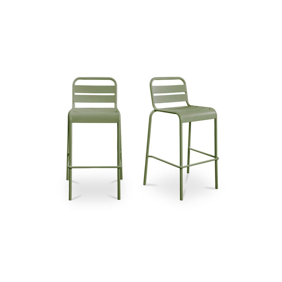 Pair of green outdoor bar stools with armrests, slatted back, and metal legs