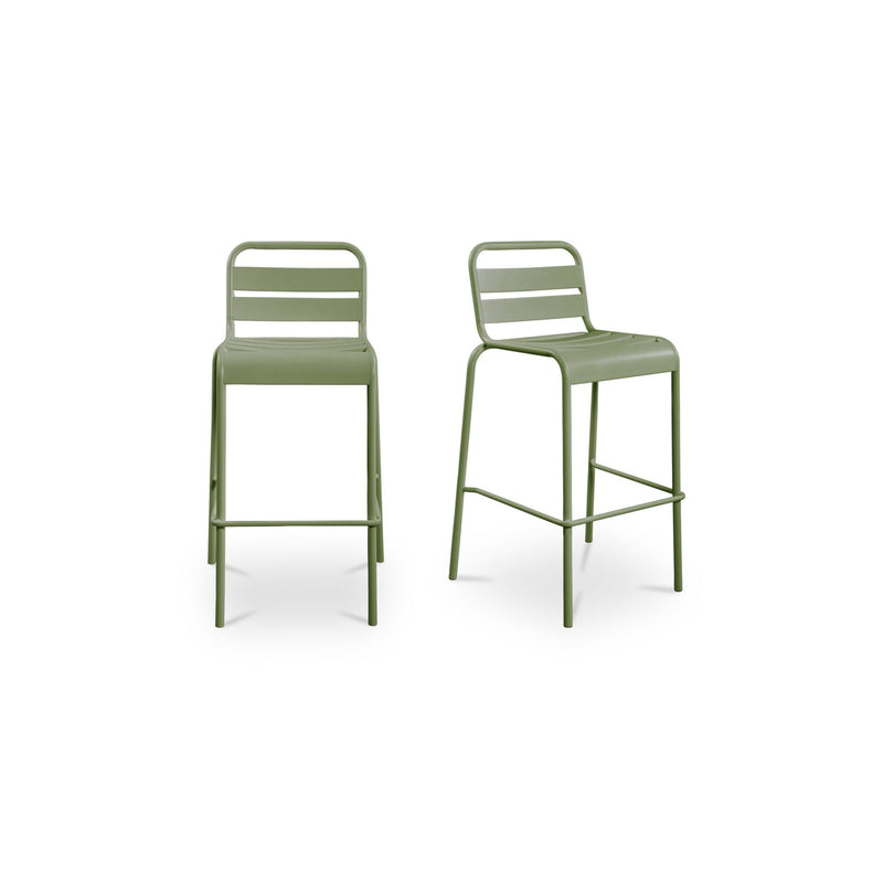 Pair of green outdoor bar stools with armrests, slatted back, and metal legs