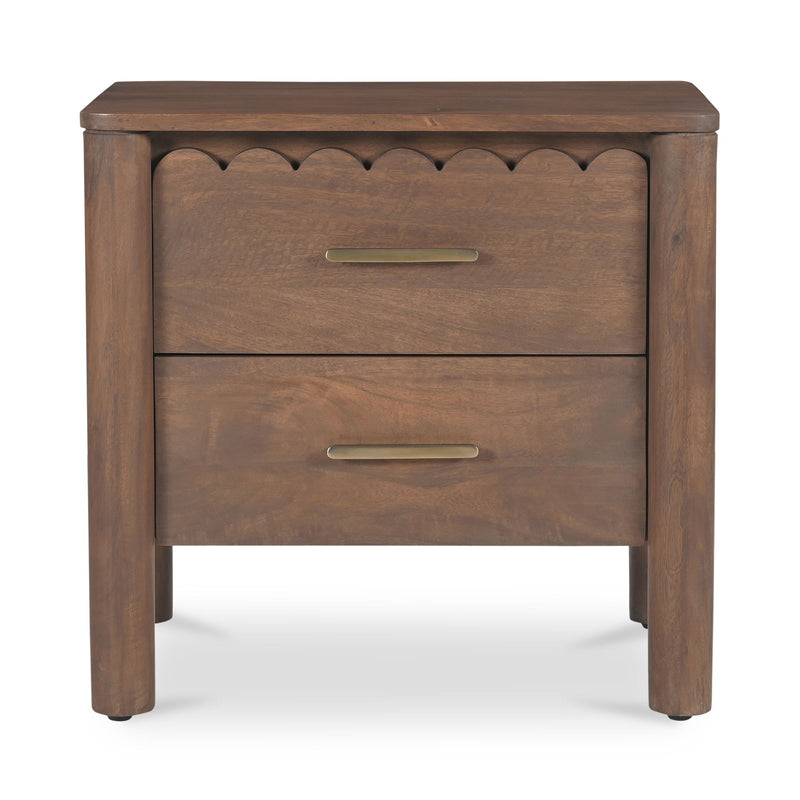 Vintage brown wooden nightstand with two drawers, arched trim, and brushed metal pulls