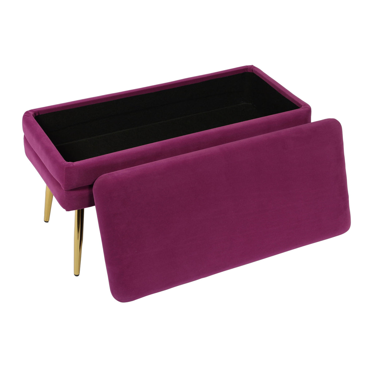 Purple velvet storage bench with hinged lid open, revealing dark interior and gold legs