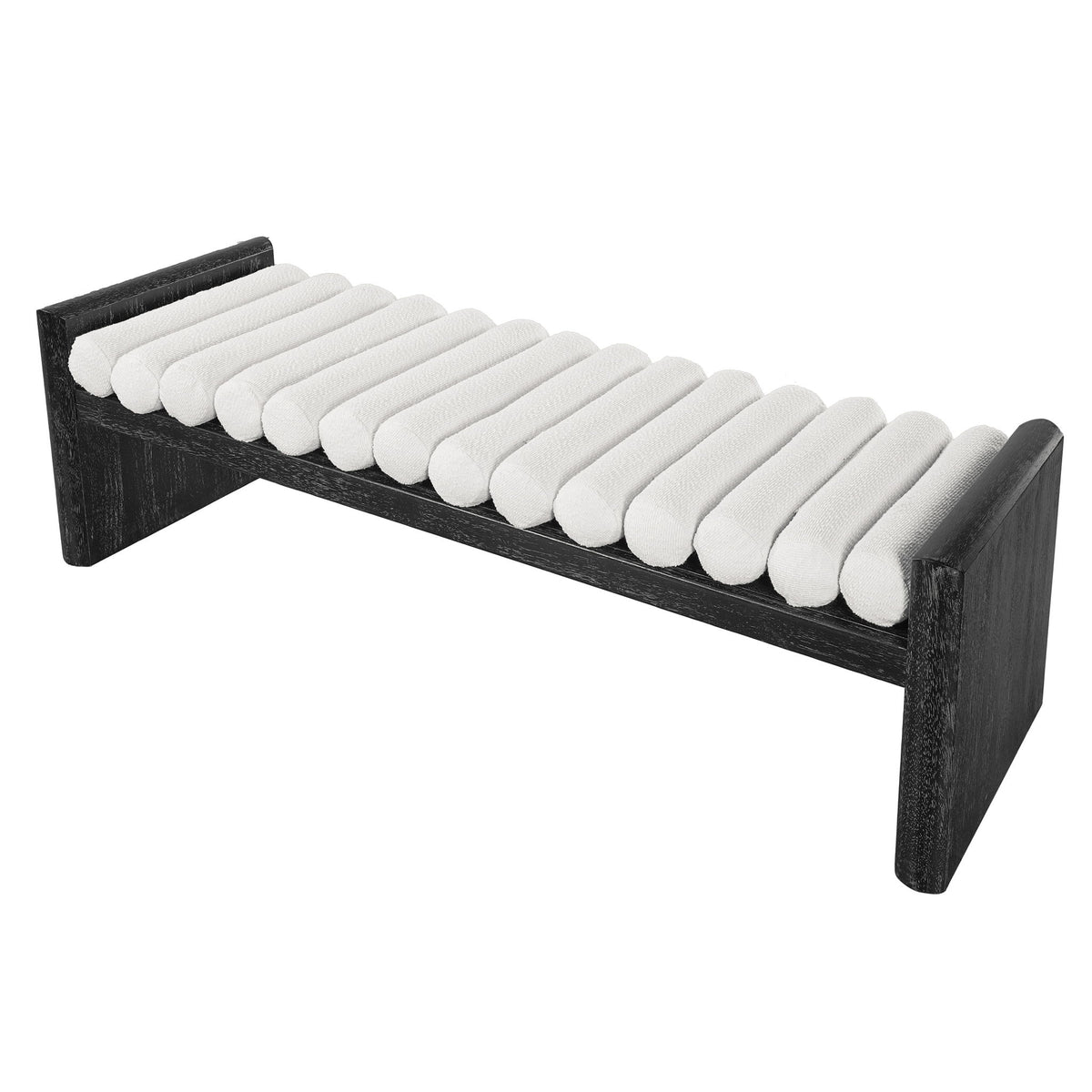 Upholstered bench with rolled cushions, dark frame and light beige cushion pads