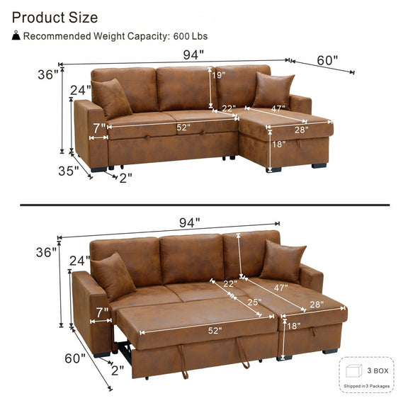 Brown sectional with pull-out bed and chaise storage—product size diagram with inches