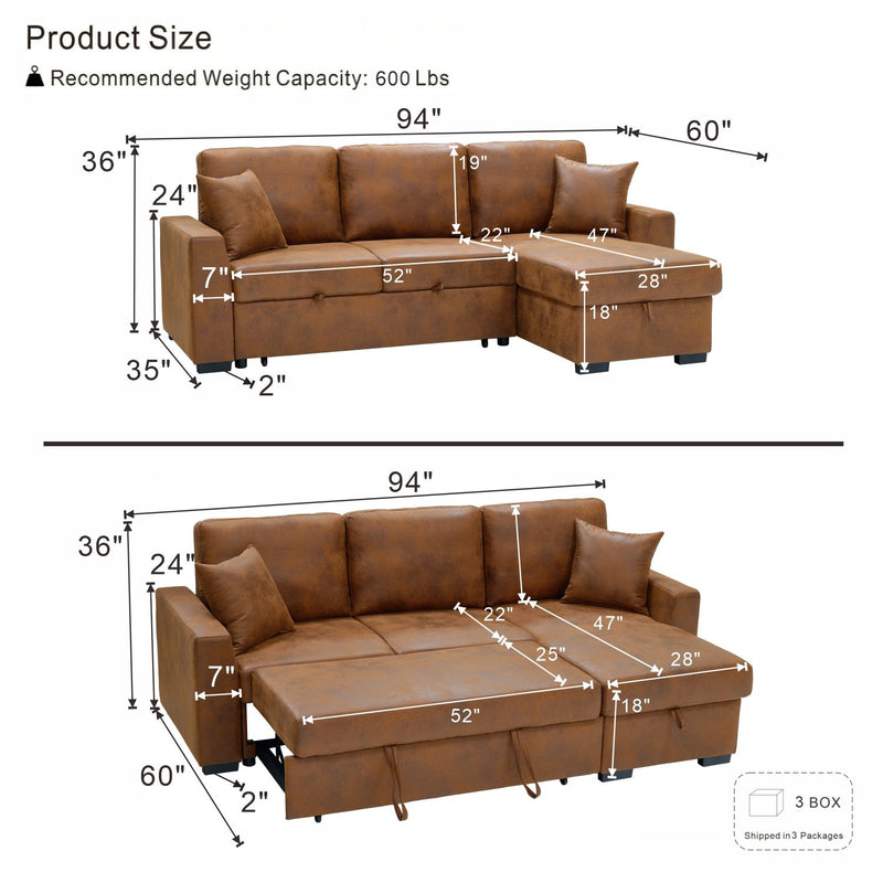 Brown sectional with pull-out bed and chaise storage—product size diagram with inches