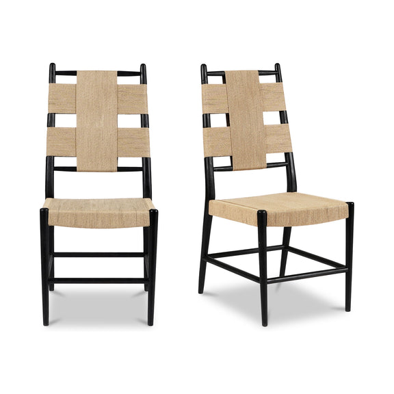 Natural dining chair with cross-back slats and padded beige seat, black metal legs