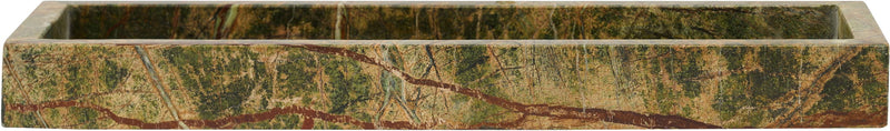 Green and gold marble tray, rectangular with raised border and straight sides.