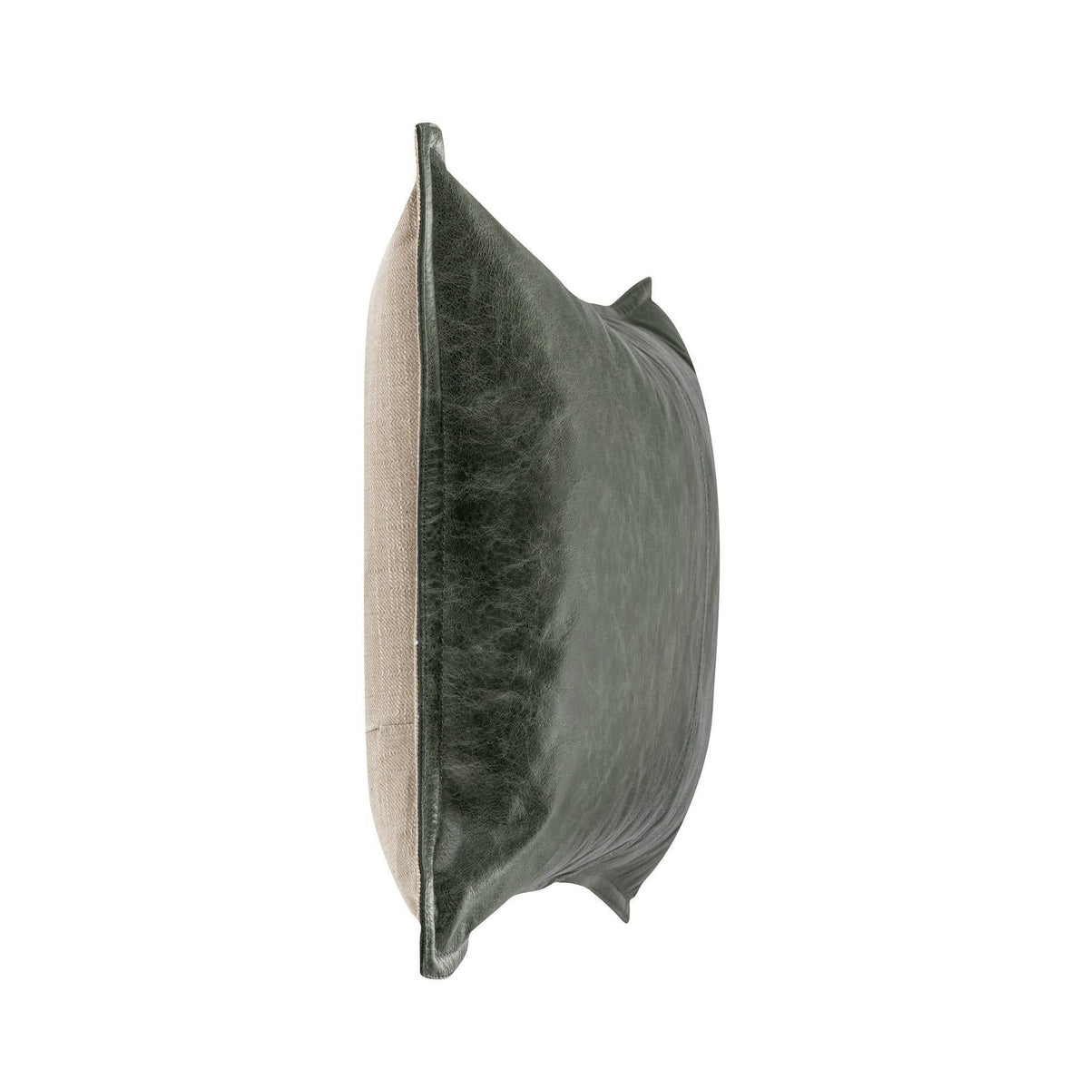 Forest green leather pillow side view with seam detail and knife-edge border