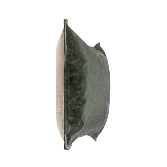 Forest green leather pillow side view with seam detail and knife-edge border