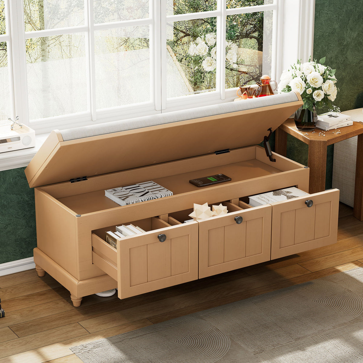 Open shoe bench with cushion top, inner storage, and three drawer doors