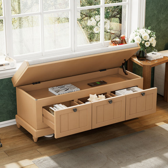 Open shoe bench with cushion top, inner storage, and three drawer doors