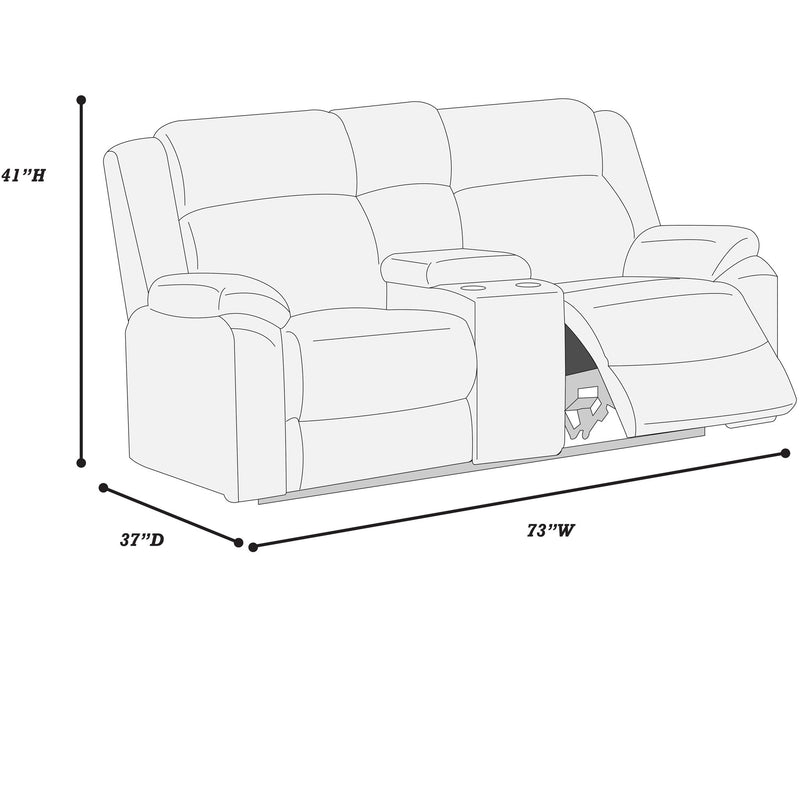 Gray recliner sofa outline with padded pillow arms and hidden console control diagram.