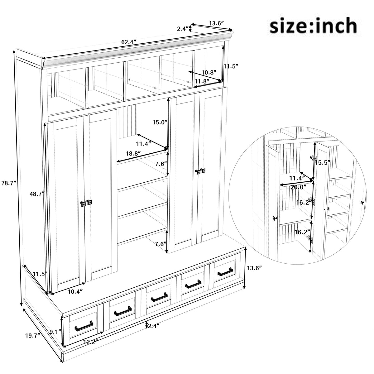 Hall Tree With Bench And 5 Storage Cubbies