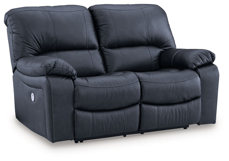 Dark navy power reclining loveseat with thick arms, padded back, and two seats