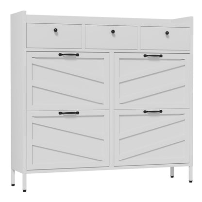 White shoe cabinet with four flip drawers, black pulls, and open shoe storage