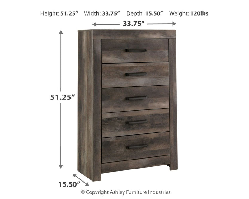 Gray five-drawer chest size chart: 51.25"H, 33.75"W, 15.50"D