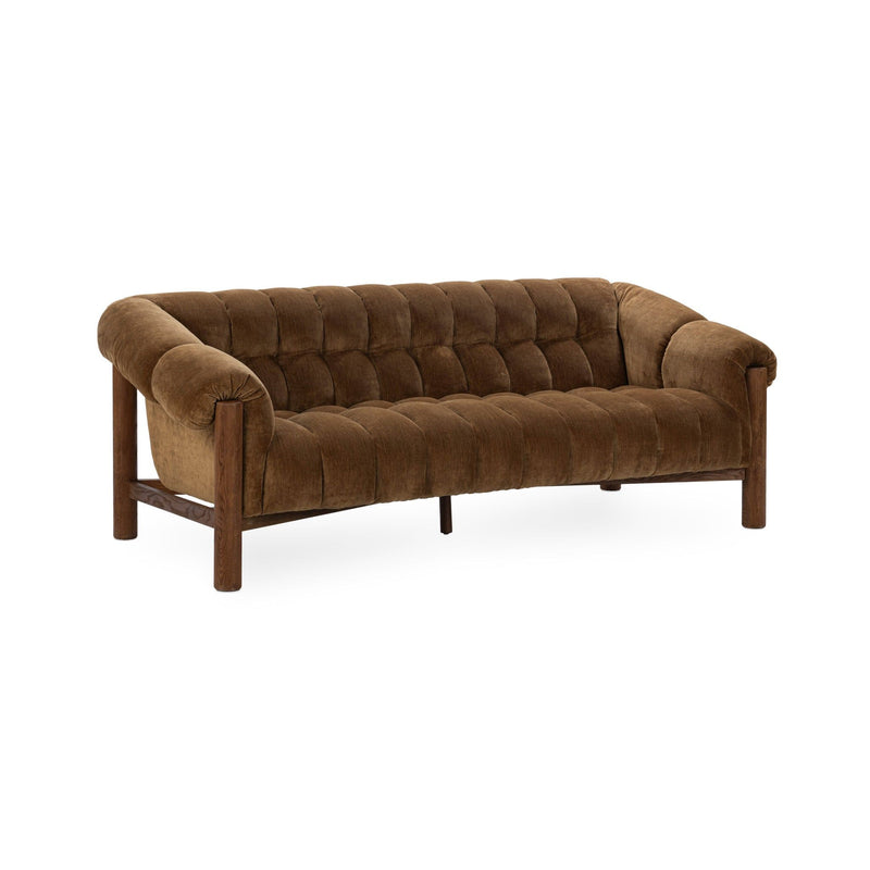 Bronze tufted velvet sofa with rounded arms and dark wooden legs