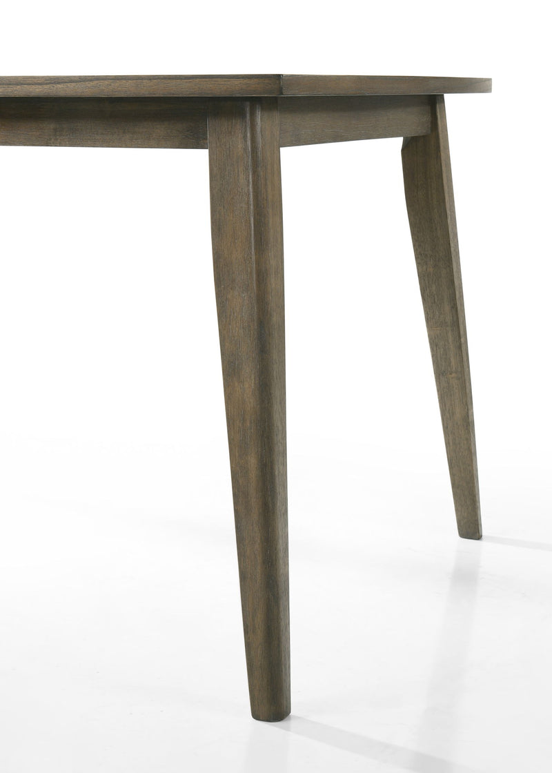 Close-up of dark brown dining table leg with tapered profile