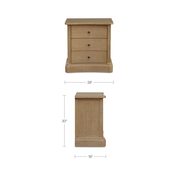 Natural wood nightstand dimensions: 28 in W, 30 in H, 18 in D
