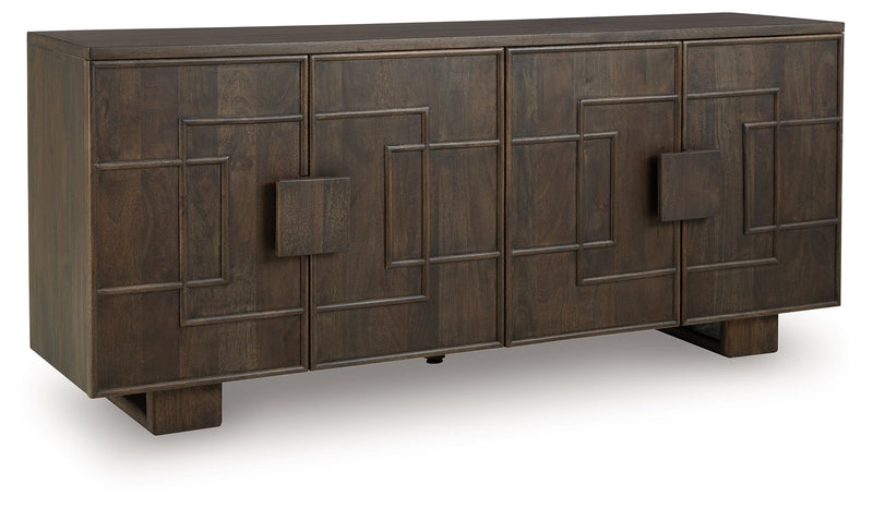 Dark brown accent cabinet with geometric panel doors and four tapered legs