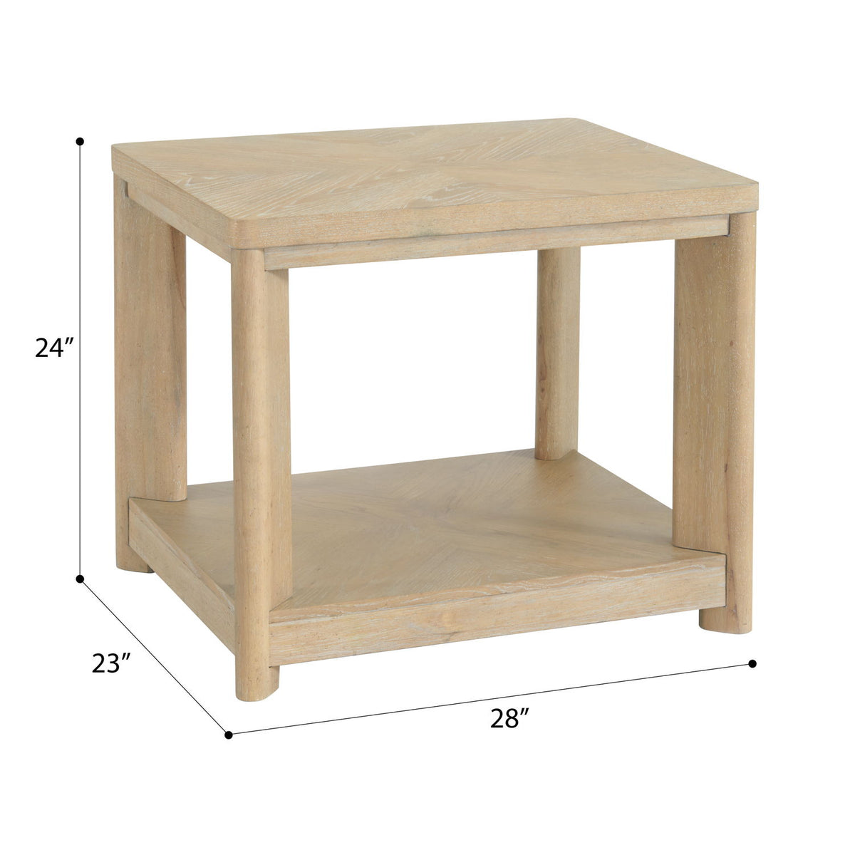 Tan wood end table with lower shelf, 28"W x 23"D x 24"H