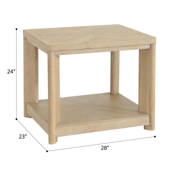 Tan wood end table with lower shelf, 28"W x 23"D x 24"H
