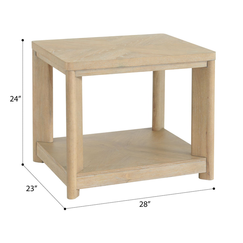 Tan wood end table with lower shelf, 28"W x 23"D x 24"H