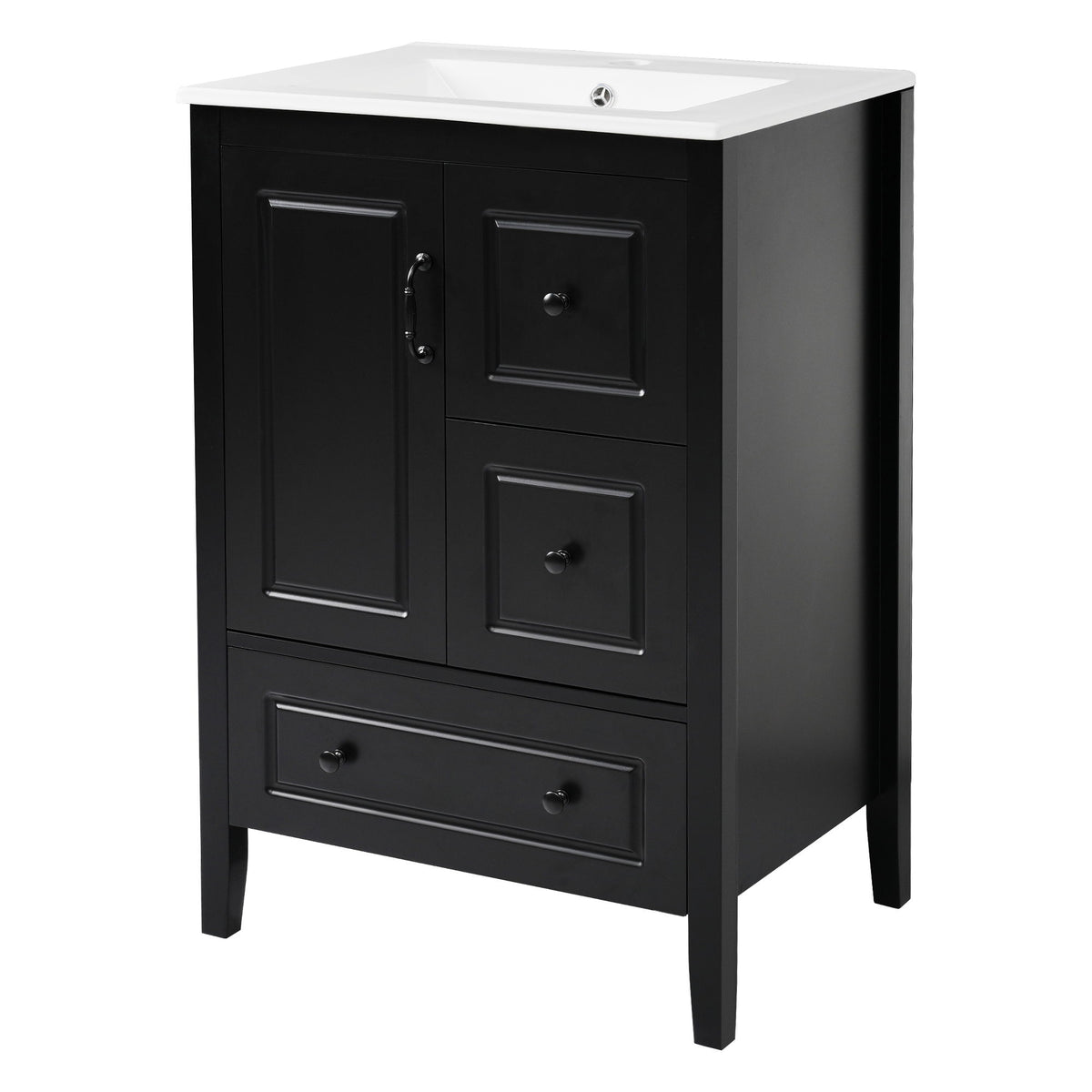 Black retro bathroom vanity with white sink top; two doors and two drawers