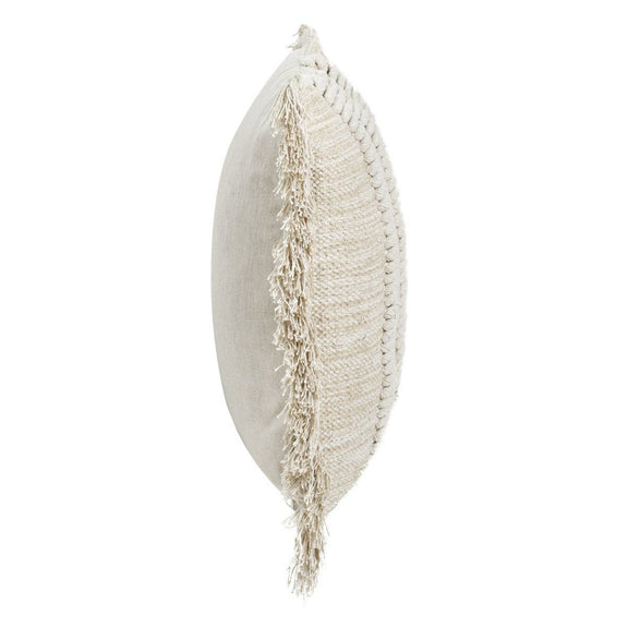 Natural striped pillow with stitched vertical bands and dangling tassel fringe