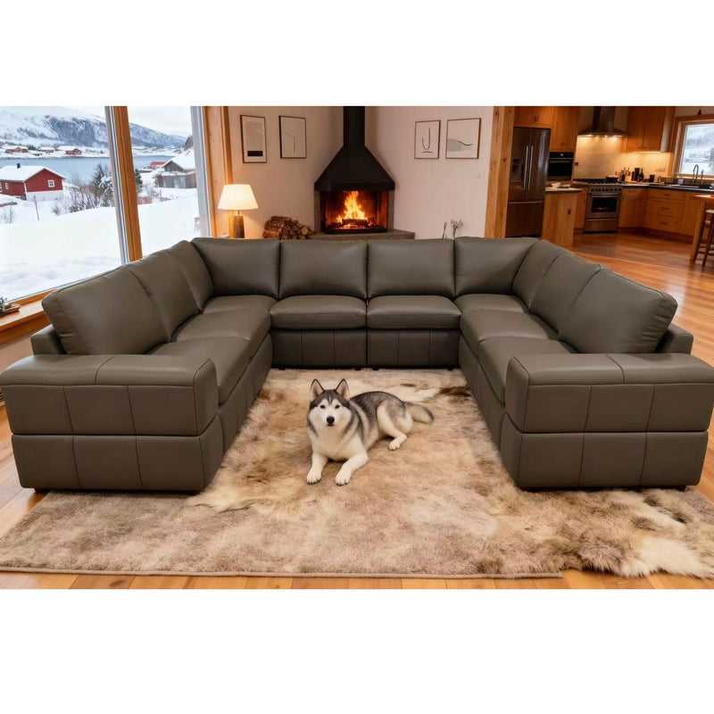 Medium gray sectional sofa with large square arms and padded seat cushions.