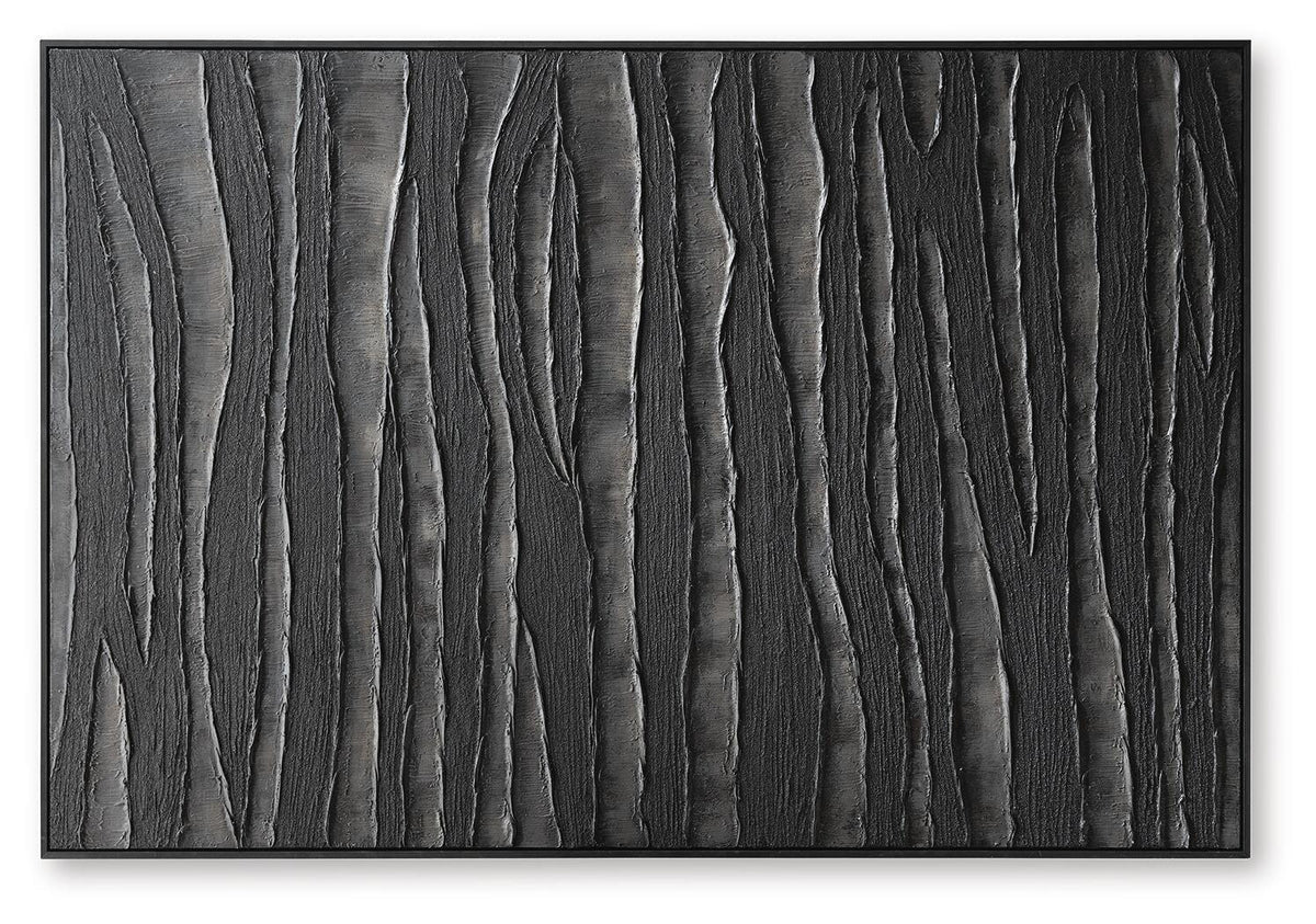 Rectangular framed wall art featuring bold vertical black and brown streaks