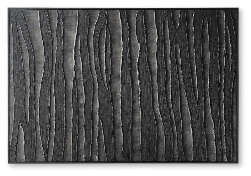 Rectangular framed wall art featuring bold vertical black and brown streaks