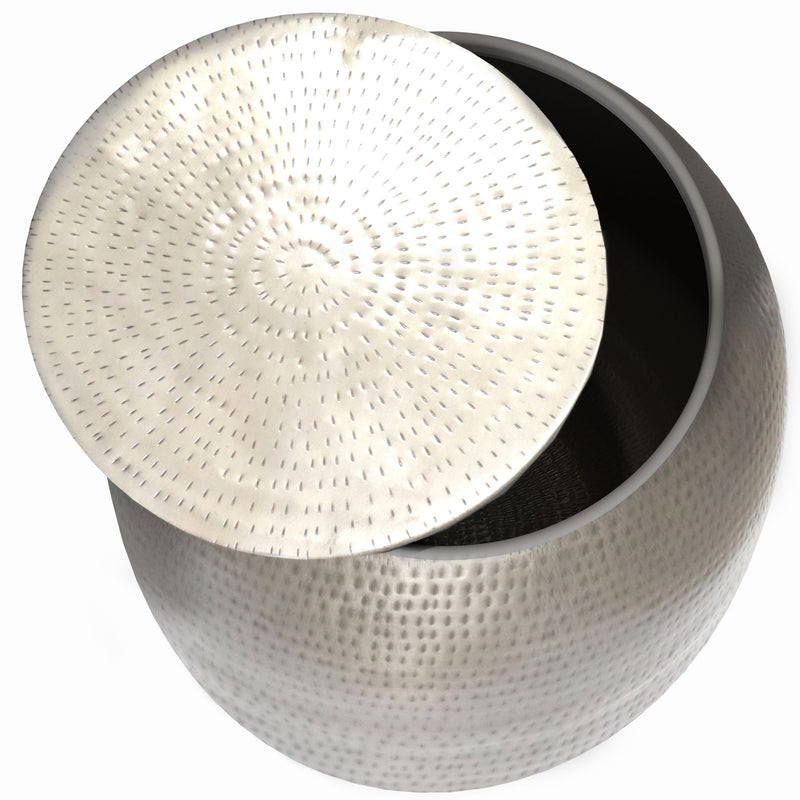 Round metal storage accent table with open flat lid and textured drum body