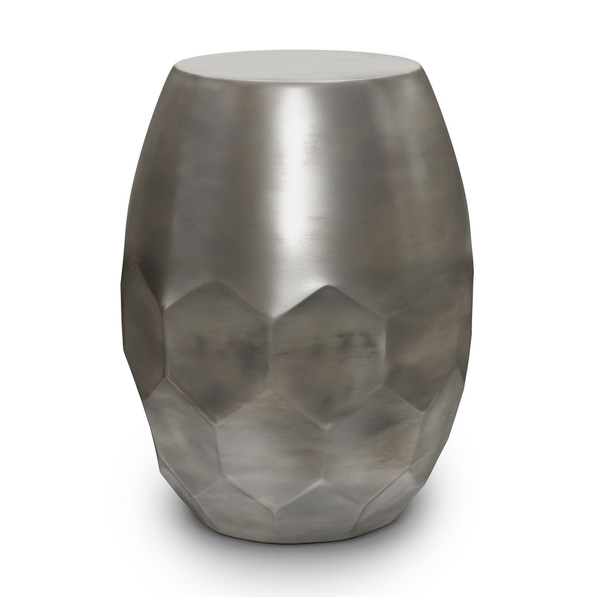 Pearl silver round drum metal accent table with faceted diamond mosaic side panels