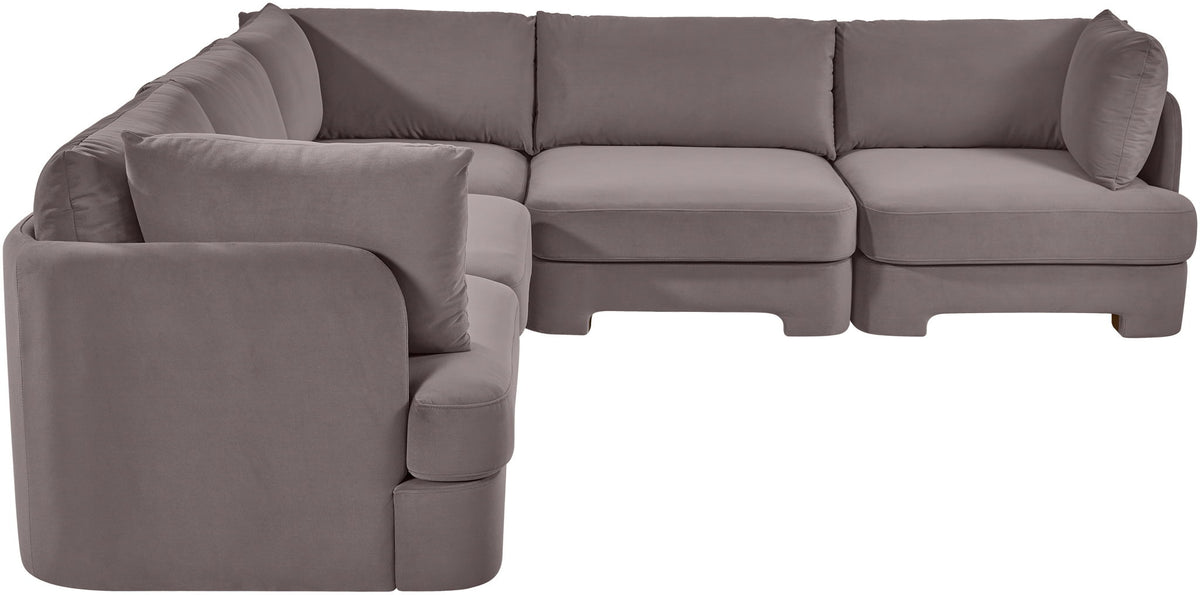 Gray velvet corner sectional sofa, 5-piece set with modular chaise and back cushions.