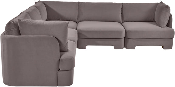 Gray velvet corner sectional sofa, 5-piece set with modular chaise and back cushions.