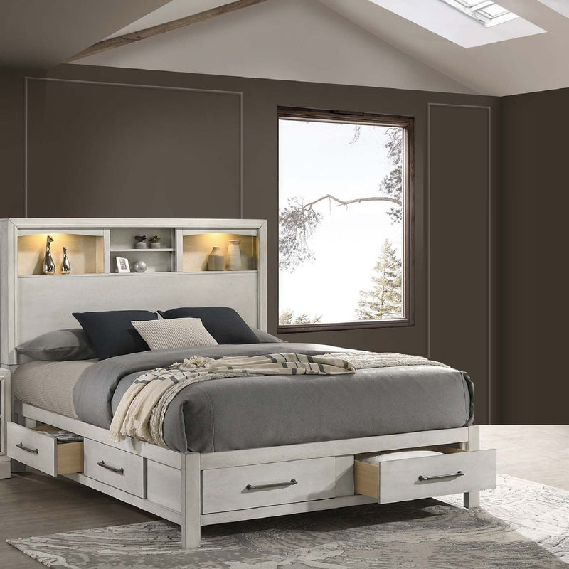 Bed With Built In LED Lights And Open Shelves