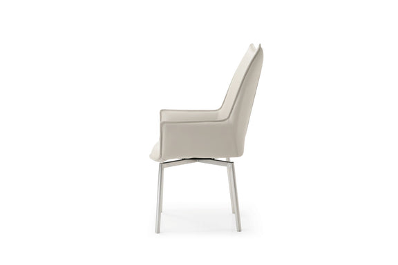 Light cream swivel dining chair with cushioned seat, tall backrest, and metal legs