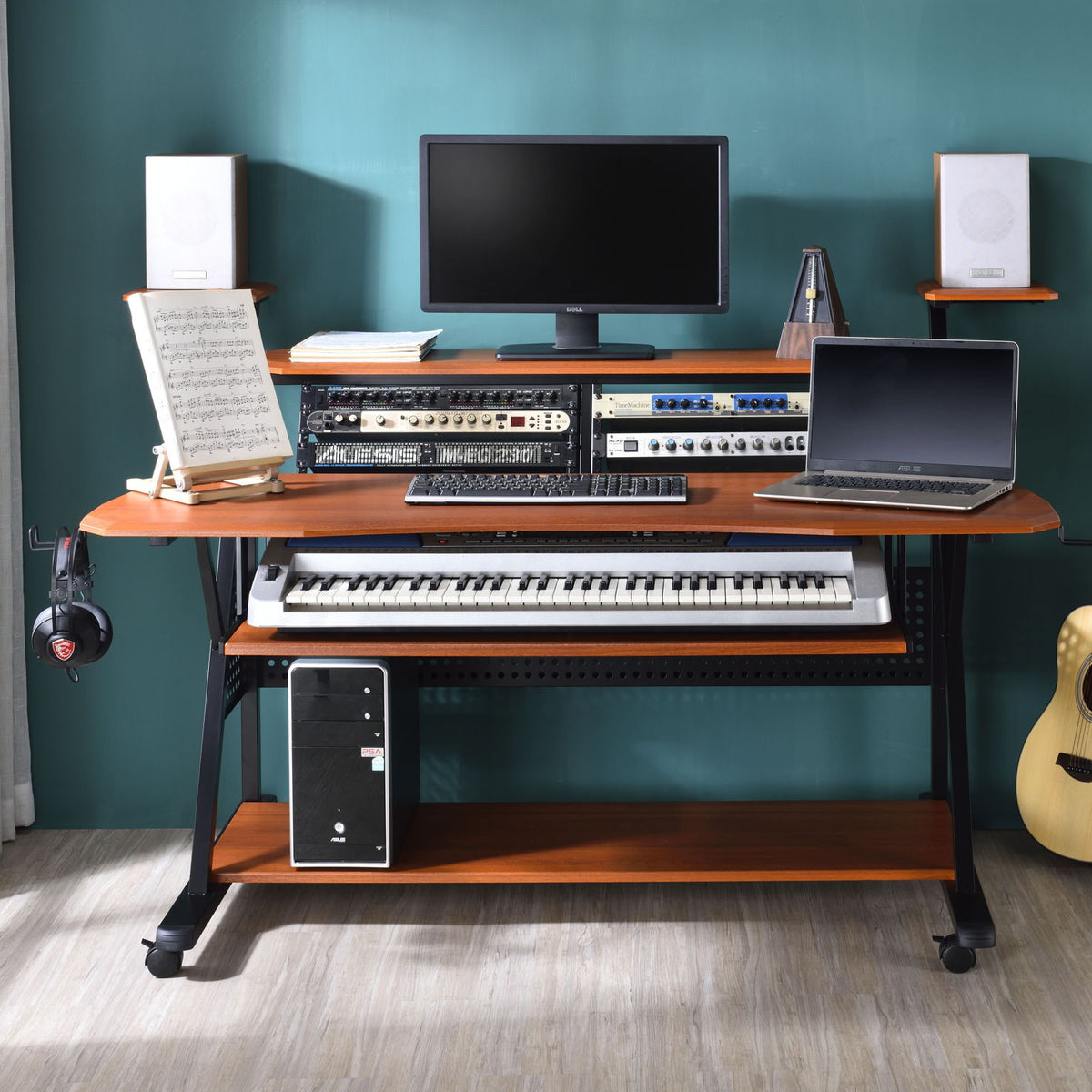 Dark brown wood music desk with black metal frame, perforated shelves, and rolling casters