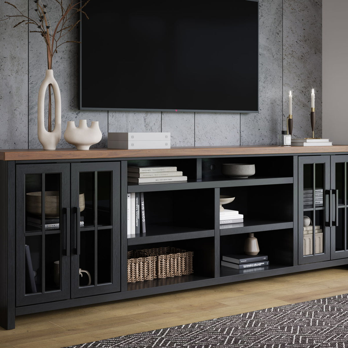 Essex - TV Stand Console For TVs Up To 100" - Black, Whiskey