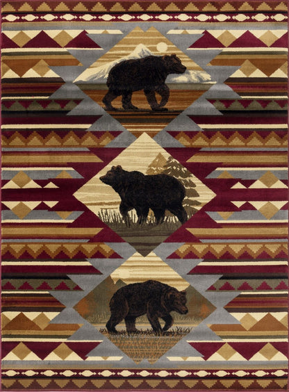 Red lodge area rug with geometric diamonds and black bear motifs, bordered edges