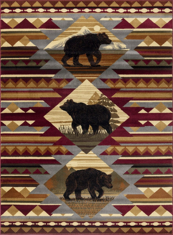 Red lodge area rug with geometric diamonds and black bear motifs, bordered edges