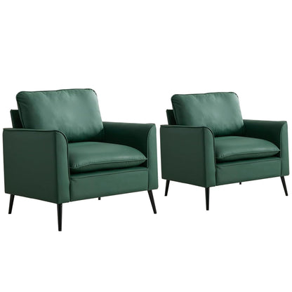 Dark green upholstered sofa chair pair with square arms and tapered black legs