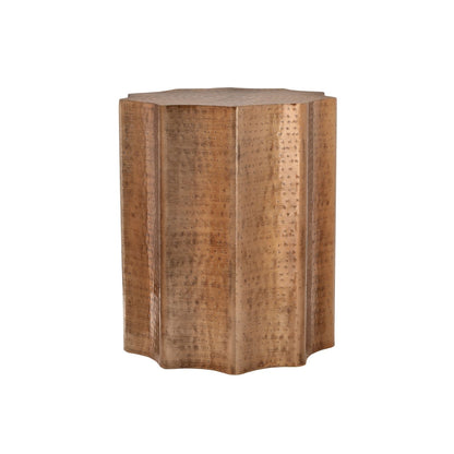 Bronze drum accent side table with hammered texture and scalloped corners