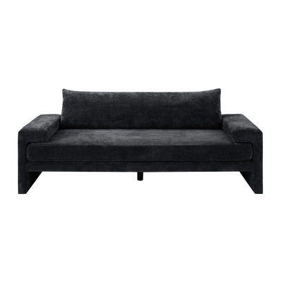 Upholstered 3-seater sofa with wide armrests, dark charcoal fabric, square arms.